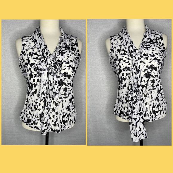 A9). Bar Iii Tie Neck Printed Blouse Black White XXS - Picture 6 of 15